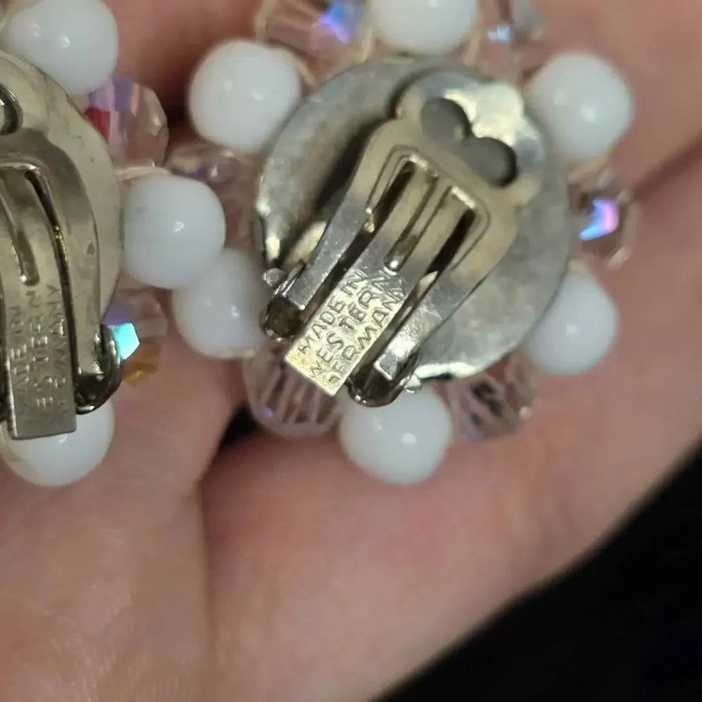 Vintage West Germany White Beaded Clip-On Earrings Aurora Borealis Rhinestone
